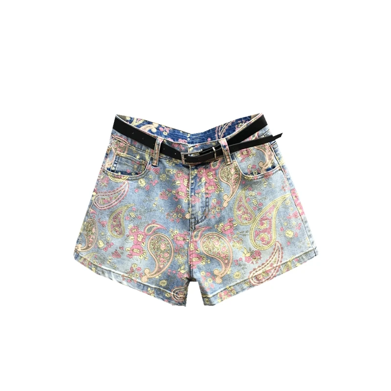 

2021 INS New Summer Trend Denim Shorts Fashion Girls Water Drop Print Yellow Flowers High Waist Wide Leg Jean Hot Pants Women