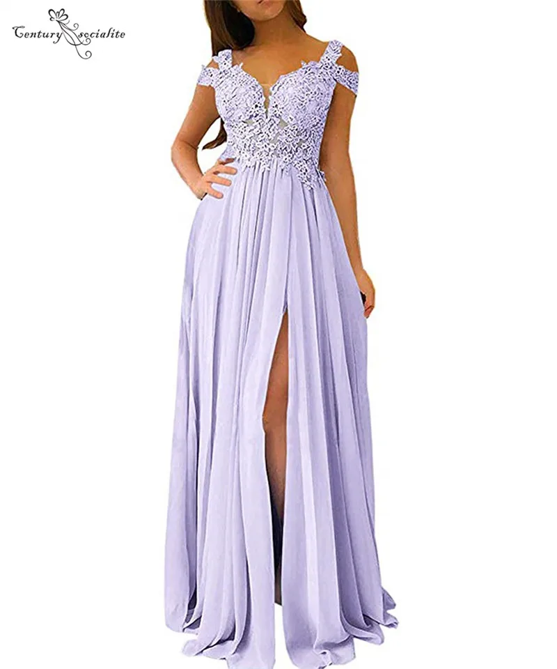

Sky Blue Long Prom Dresses Lace Appliques Side Split Sheer Top Chiffon Formal Gowns Cheap Party Dress Evening Gowns Customized