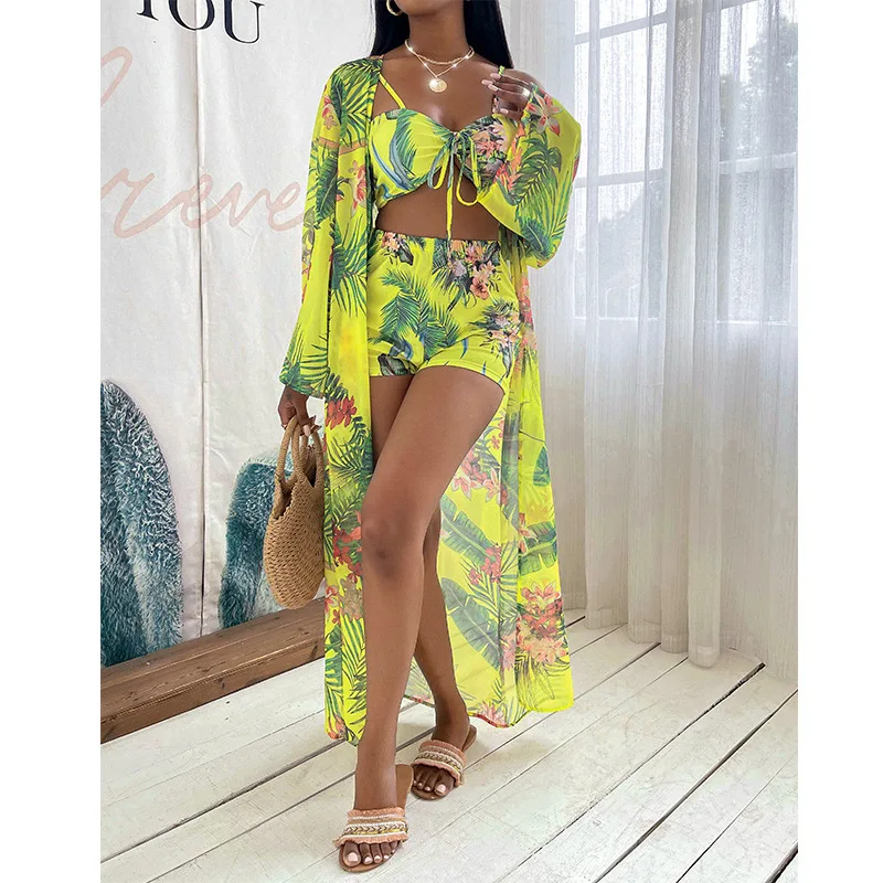 

Sexy 3 Piece Sets Bikini Strap Crop Top+Shorts+Long Cover Up Women 2021 Summer Floral Print Chiffon Bathing Suit Beach Swimsuit