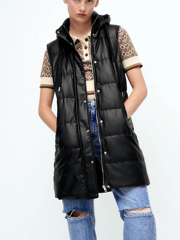 

Женские парки HWLZLTZHT из искусственной кожи, жилет, мода 2021, Осень-зима, куртка с капюшоном и карманами, пальто на молнии, элегантная теплая вер...