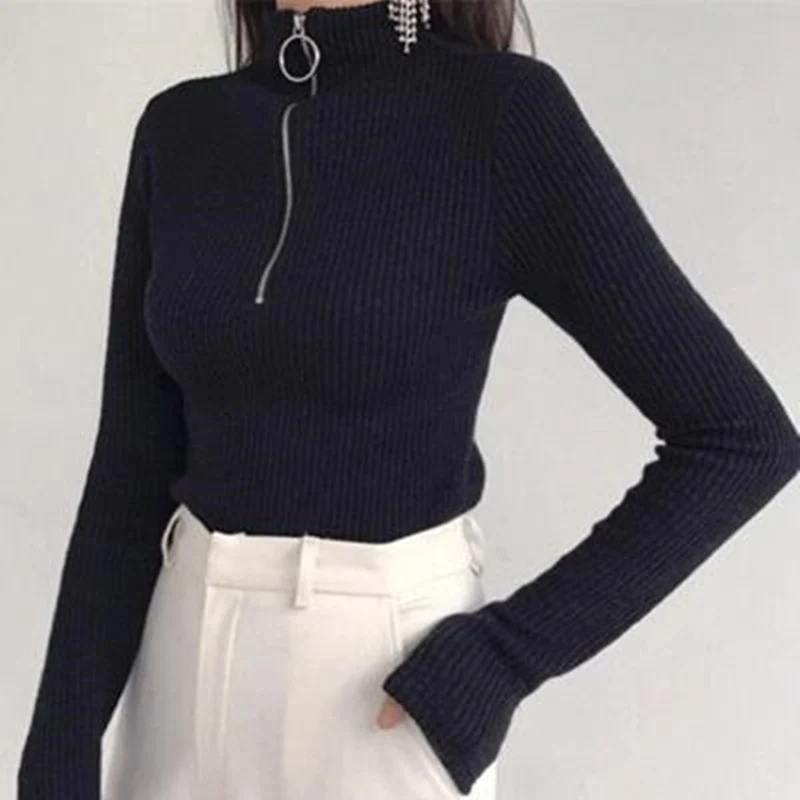 Женский свитер на молнии LUZUZI однотонный облегающий с воротником-хомутом