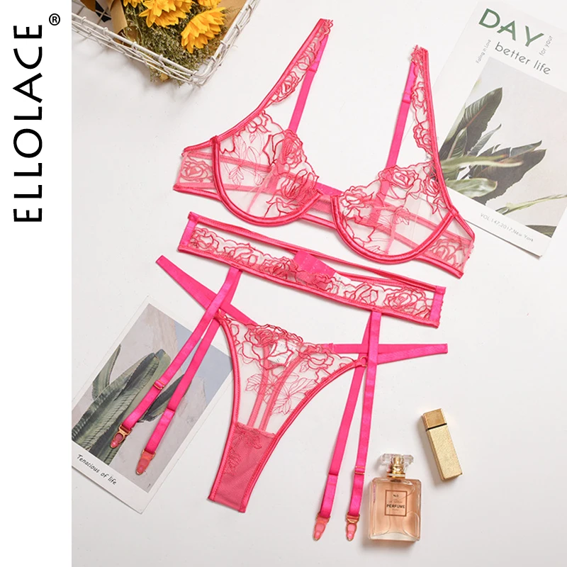 Ellolace Цветочный комплект нижнего белья сексуальный прозрачный бюстгальтер