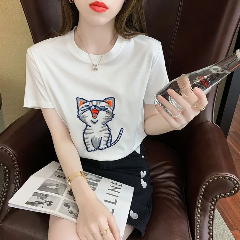 

Sweet girly feeling! Embroidered silver silk cat 70 mercerized cotton comfortable T-shirts are thin, wild, careful,