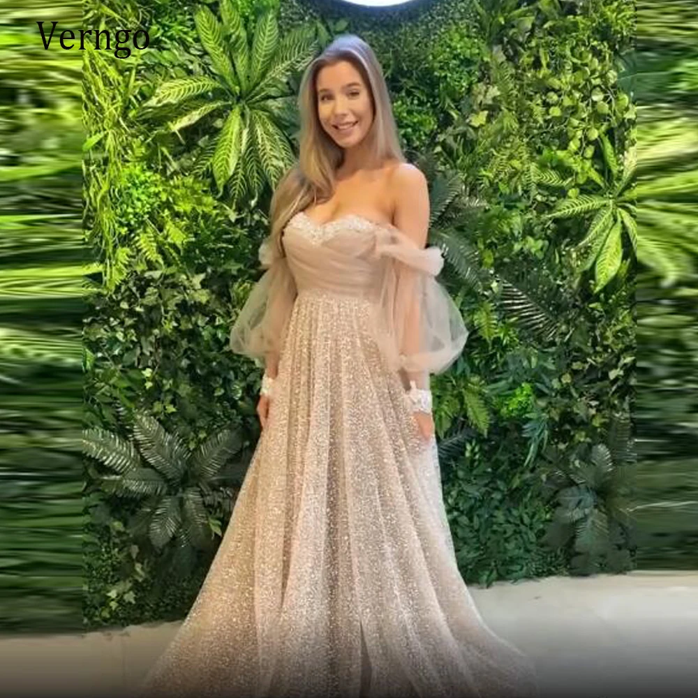 

Вечерние платья Verngo цвета шампанского с пышными рукавами, Платье трапециевидного силуэта с длинными рукавами и блестками из тюля для выпус...
