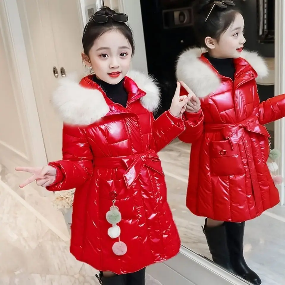 

Glossy Long Childrens Jacket New Windbreaker For Girls Thick Down Cotton Winter Coat Jacket For Girls Suit 4-12 Years Old