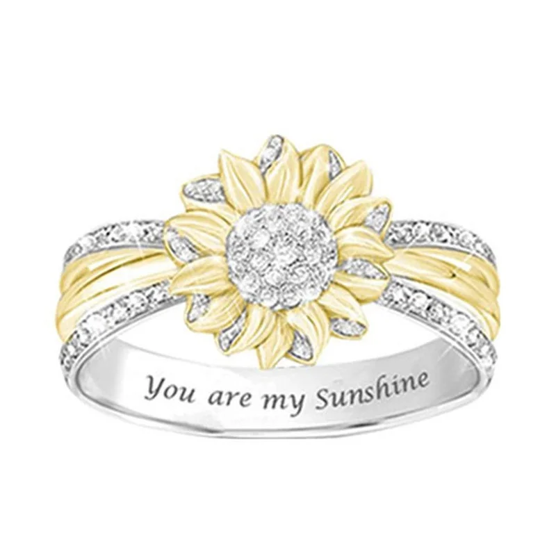 

You Are My Sunflower Lettering Women Alloy Sunflower Diamond Ring Casual Engagement Wedding Party Silver Love Ring Jewelry