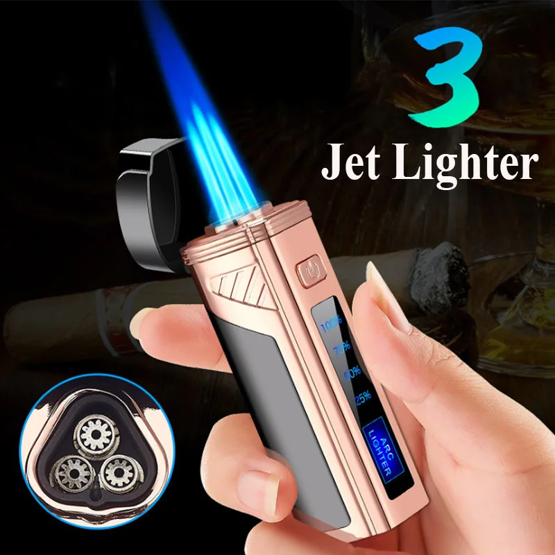 

Трехфонарь ельная зажигалка, ветрозащитная газовая Бутановая Зажигалка для сигар, многоразовая Регулируемая струйная зажигалка с синим пл...