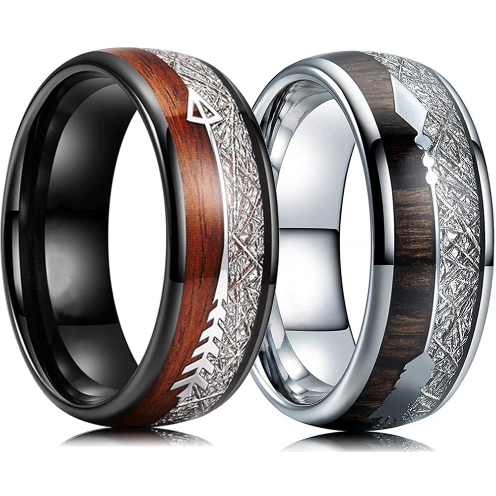 

Classic 8mm Black and White Stainless Steel Ring For Men Koa Wood Arrow Inlay Wedding Band Fashion Men's Accessories Size 6-13