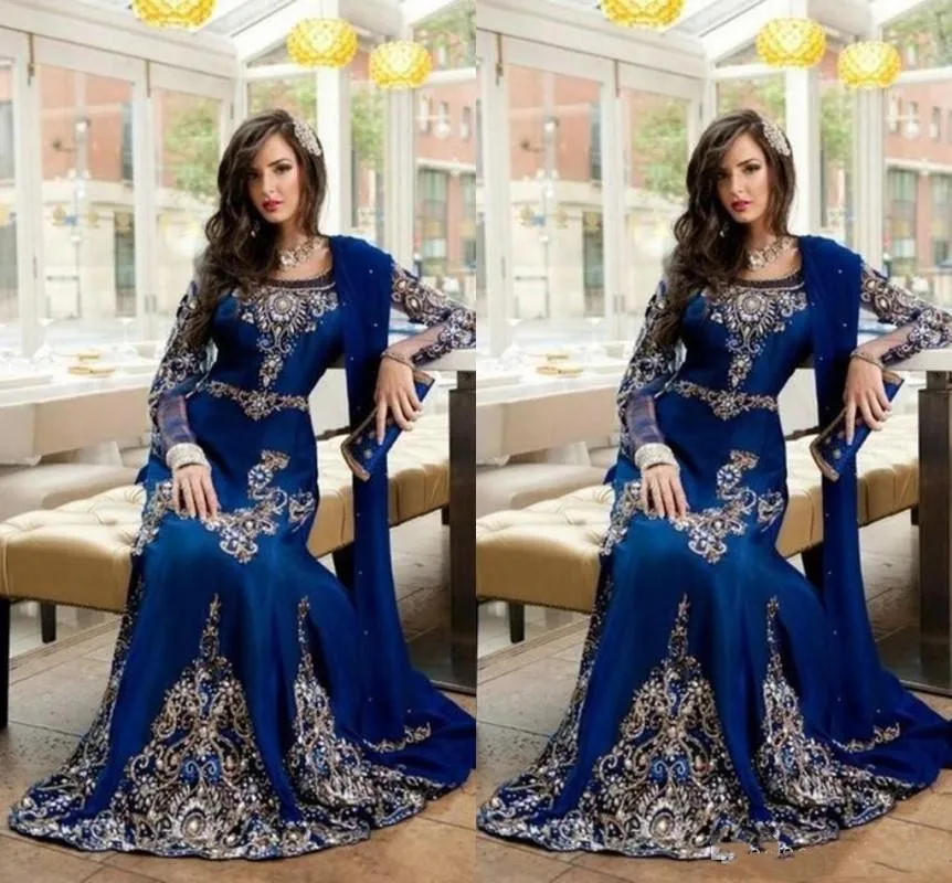 

Arabic Islamic Jewel Neck Embroidery Crystal Beaded Royal Blue Long Formal Dubai Abaya Party Dress Prom Gowns Luxury Evening Dre