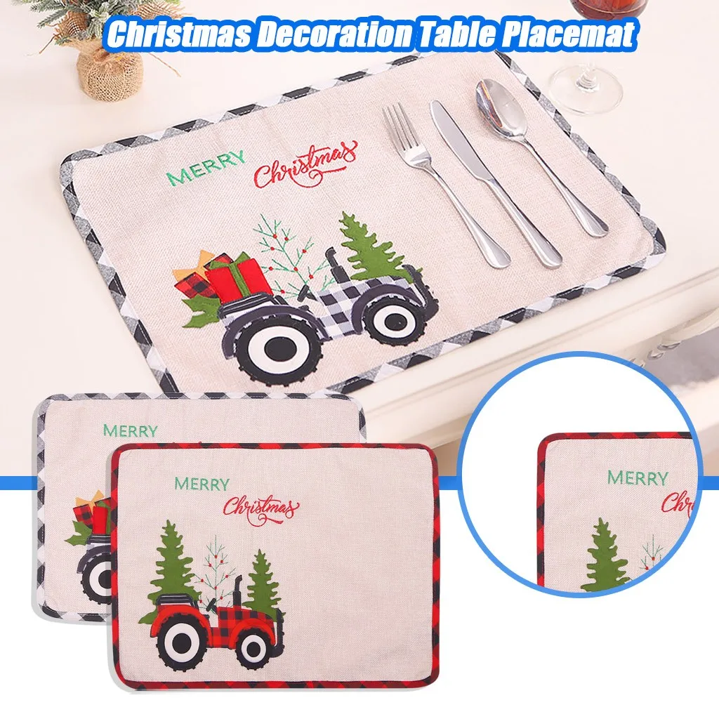 

1Pcs Christmas Decorations Linen Embroidery Snowmobile Pattern Dining Table Placemat Ornaments New Year Home Party Supplies L831