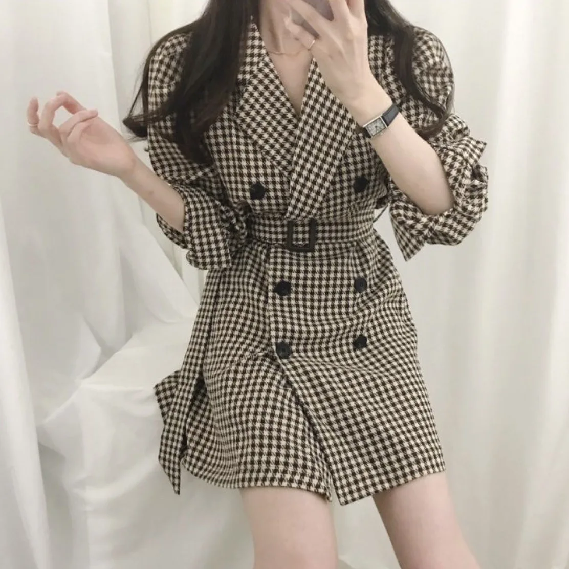 

Autumn 2021 Women Sashes Plaid Suit Long Jacket New Button Blazer Woman Fashion Puff Sleeve Double Breasted Femme OL Outwear
