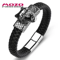 men bracelet genuine leather stainless steel wolf bangle male grid collocation punk cuffs jewelry gifts
