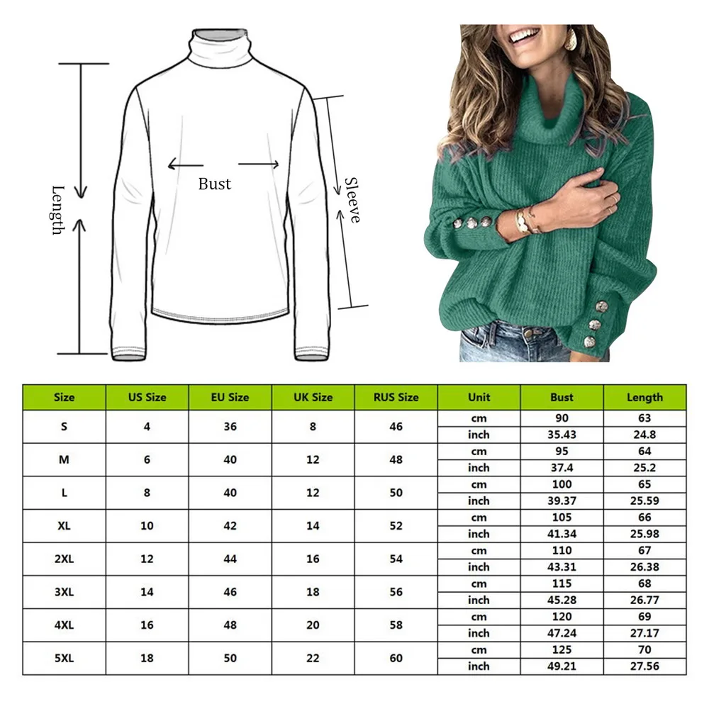 

Womens Sweaters 2020 Fashion Turtleneck Pullover Ladies Large Size Button long Sleeve Loose Knitted Sweater Tops For Women
