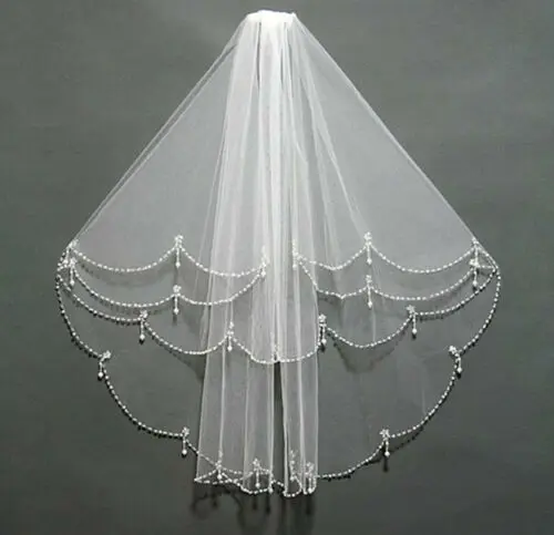 

New 2 Layer White/Ivory Elbow Length Beads Edge Wedding Bridal Veil + Comb