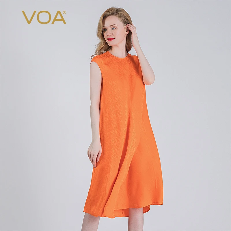 

VOA Silk 22m/m Orange Dark Jacquard Crew Neck Shoulder Bag Short-Sleeved Pleated Women's Waist Loose Dress A63
