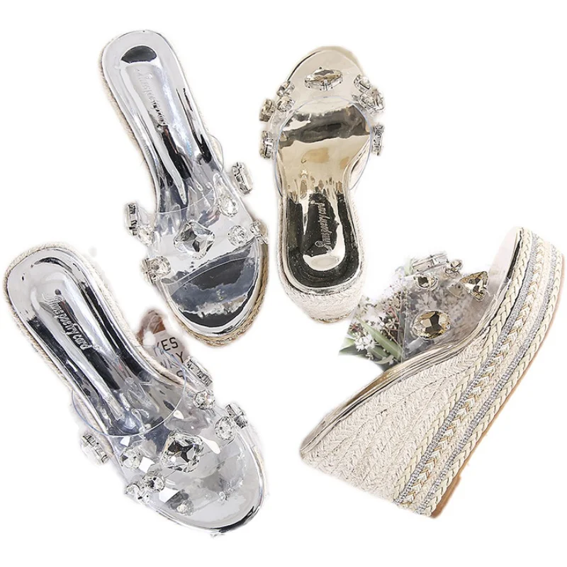 

Summer New Slope Heel Thick Bottom Waterproof Platform with Water Drill Fashion Versatile Sandal Women's Shoes