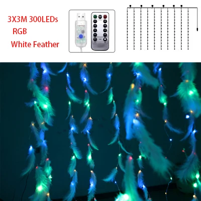 White feather RGB Сказочная светодиодная гирлянда-штора, гирлянда, гирлянда, 3x3 м, Рождественский декоративный светодиодный гирлянда, рождественские вечерние, для сада, свадьбы, спальни, INS, перья, свет - Испускаемый цвет: White feather RGB