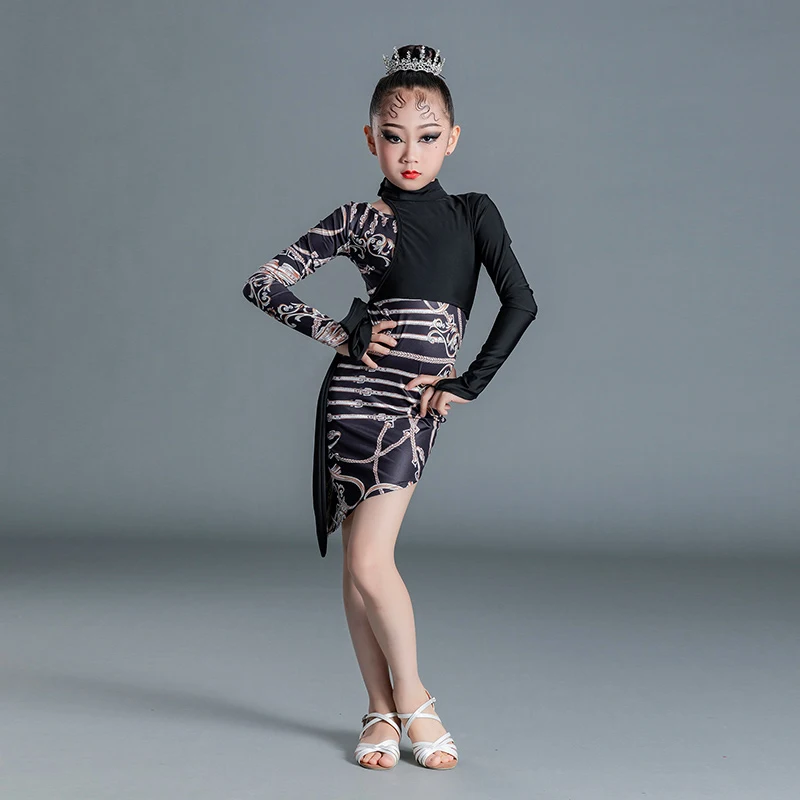 Черное диагональное платье для латиноамериканских танцев детская танцевальная