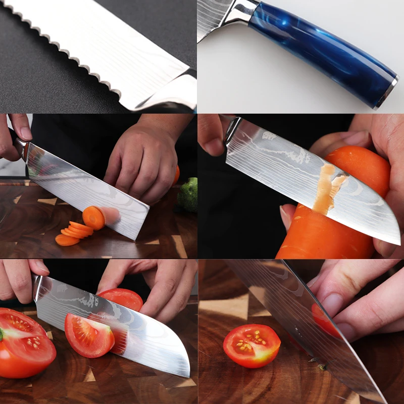 

Chef Knife Set Stainless Steel Damascus Pattern Japanese Kitchen Knives Meat Bone Fish Fruit Vegetables Cleaver