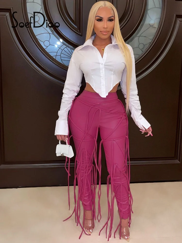 

Soefdioo Sexy 2 Piece Set Women Clothes White Long Sleeve Irregular Shirt Pink Zipper Tassel Pu Pants Sets Fall 2021 Streetwear