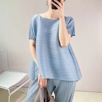 2021 summer solid women t shirts miyak pleated fashion o neck loose short sleeve plus size a line female tops
