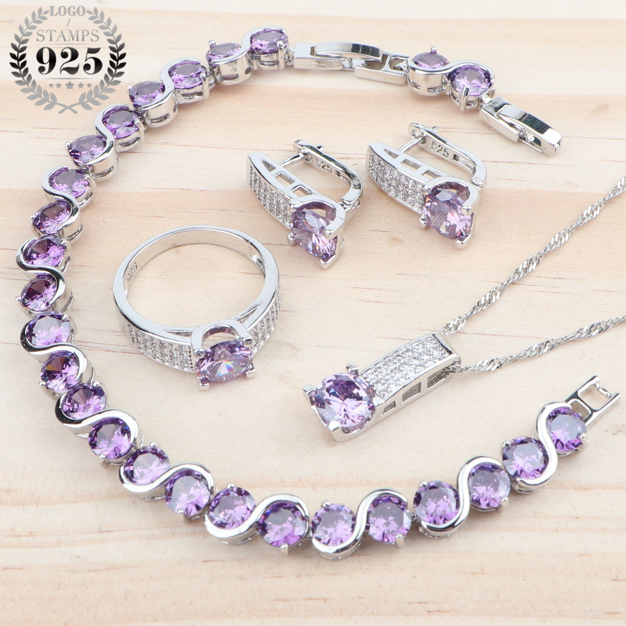 Женский комплект ювелирных изделий из серебра 925 пробы с фиолетовым кубическим