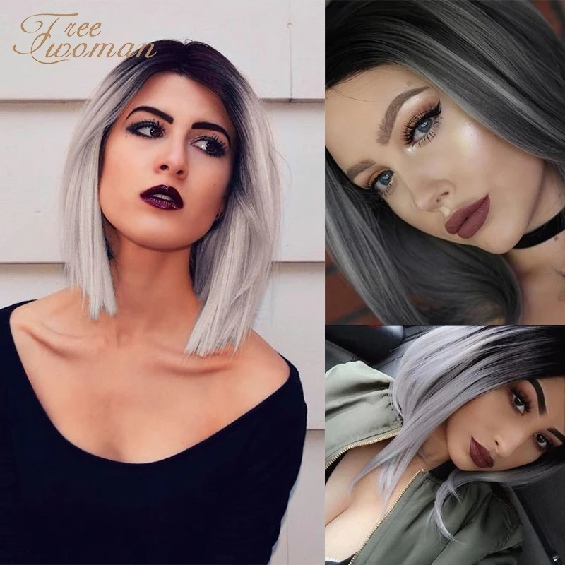 

FREEWOMAN Dark Red Short Straight Synthetic Wig With Natural Hairline Part Classical Bob Wig Heat Resistant Fiber Cosplay