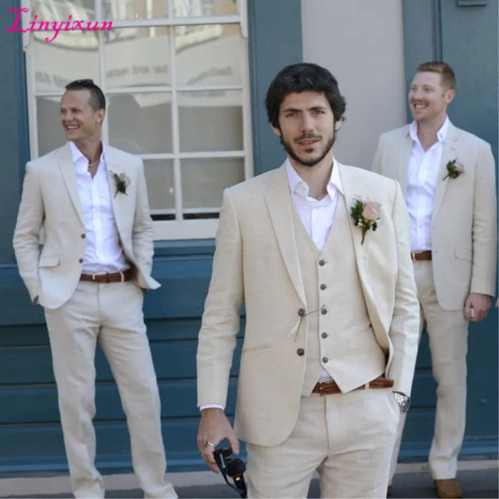 

Linyixun 2021 Latest Coat Pant Designs Ivory Beige Beach Linen Suits Men Wedding Suit Bestman Groomsmen Marriage Tuxedo Custom