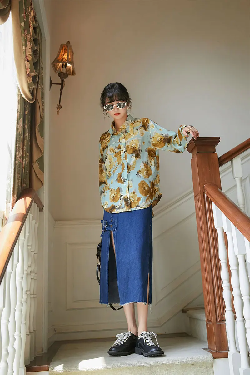 Perilla плавающая зеленая рубашка с ретро принтом женский дизайн чувство ниши в