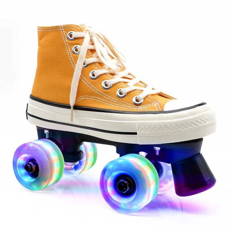 

2021 парусиновые мигающие четырехколесные роликовые коньки для девочек, обувь для катания на коньках, кроссовки с 4 колесами и 2 рядами линий, ...