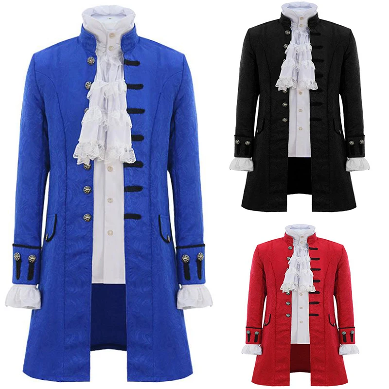 

Adult Men Steampunk Trench Coat Vintage Prince Overcoat Medieval Renaissance Jacket Halloween Cosplay Costume With White Blouse