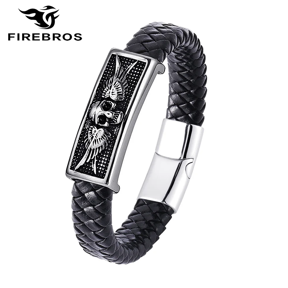 FIREBROS Magnetic Stainless Steel Angel Wing Skull Charm Genuine Leather Bracelet Chunky Exaggerated Men Retro Punk Jewelry Gift | Украшения