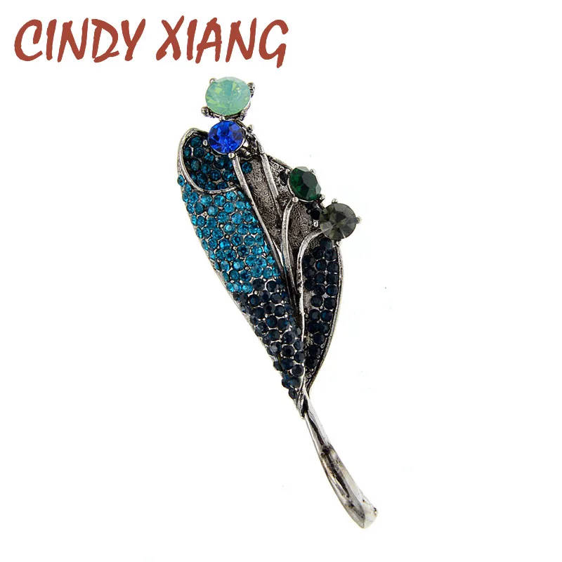 

CINDY XIANG Rhinestone Leaf Brooch Flower Pin Brooches For Women Blue Color Vintage Accessories Coat Jewelry High Quality