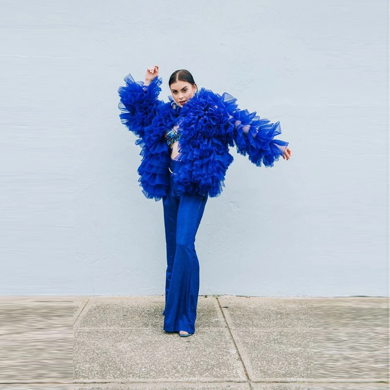 Топы из тюля с оборками Королевского синего цвета многоярусными длинными