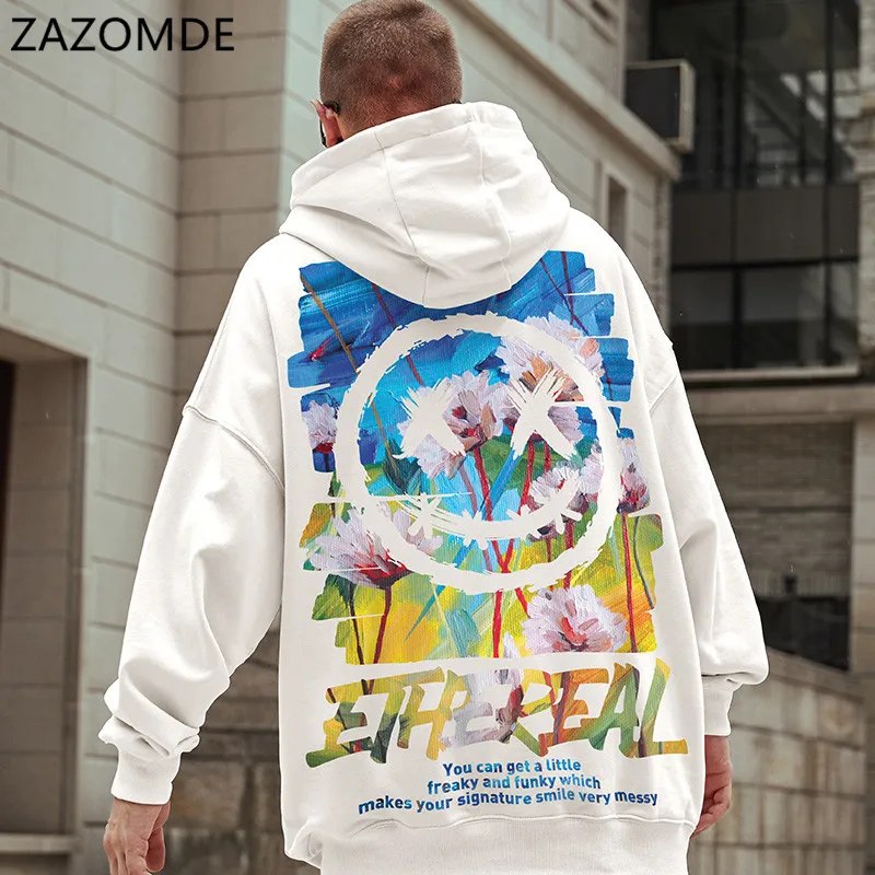 

ZAZOMDE 2021 Men Hoodie Sweatshirt Men/Women Hooded Hip Hop Oversized Hoodies Streetwear Smile Face Print Hoodies Male Casual