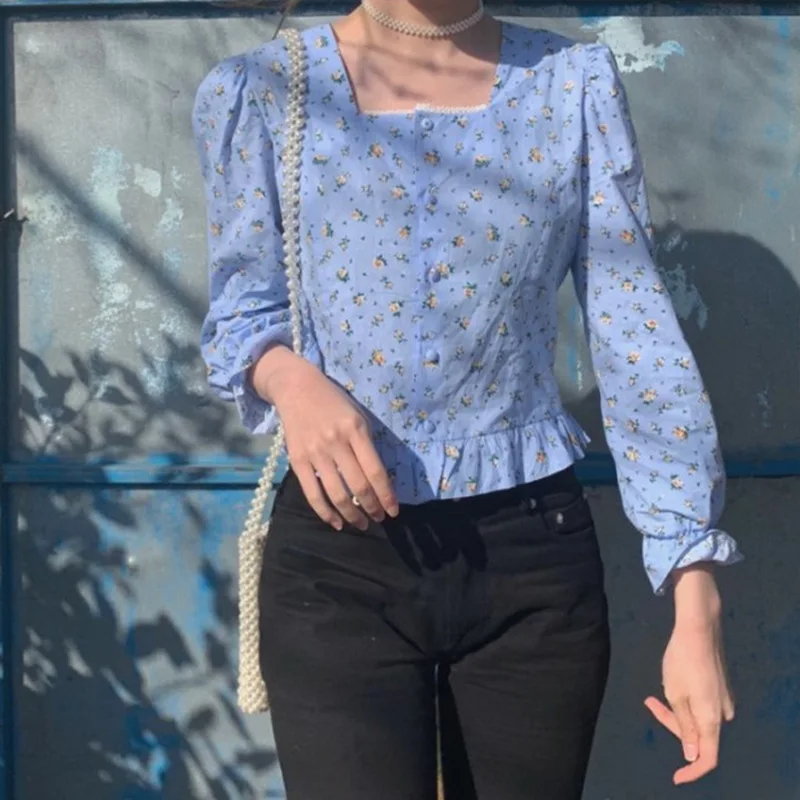 Женская винтажная блузка с цветочным принтом белая синяя квадратным воротником