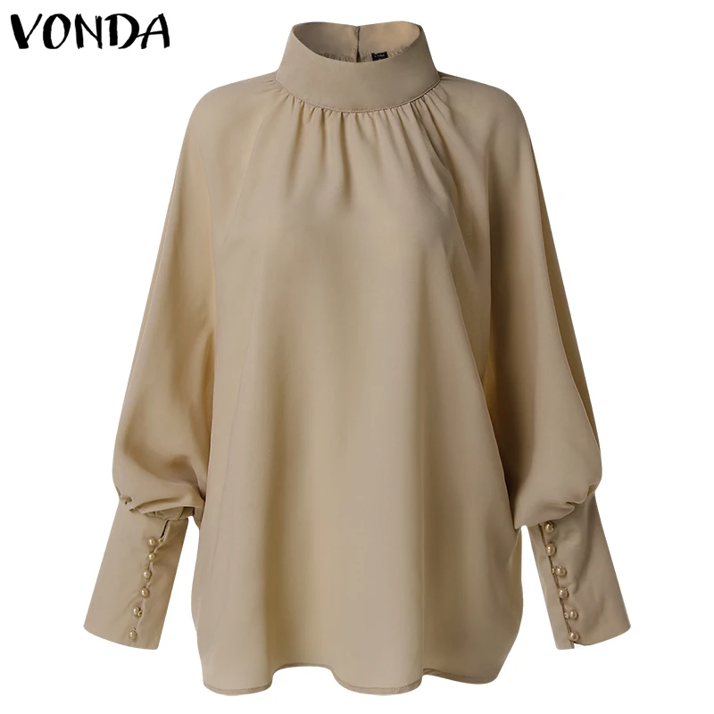 Новинка VONDA, женские блузки,, Осенние сексуальные Блузы с длинным рукавом-фонариком, рубашки с высоким воротом, элегантные пуговицы, повседневные свободные топы размера плюс