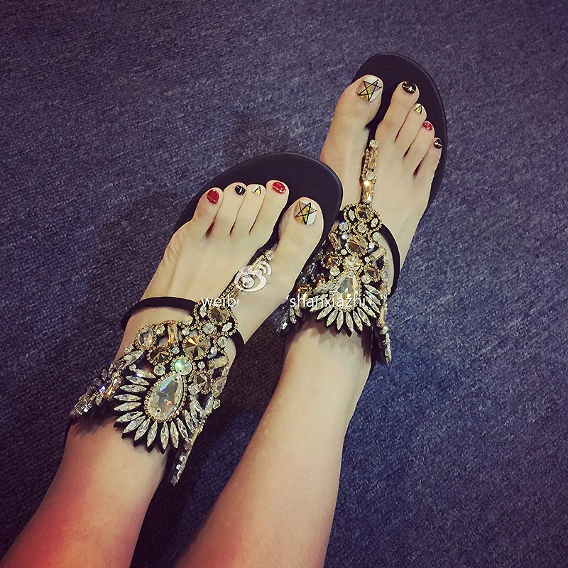 Дизайнерские Стразы вьетнамки сандалии на плоской подошве Женская обувь Женские