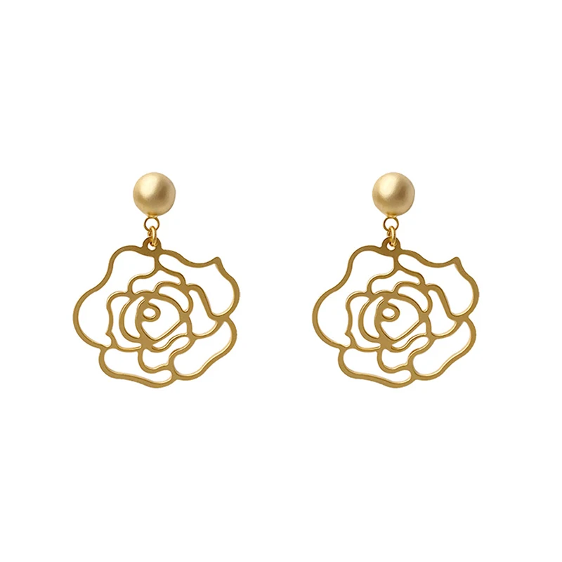 

SRCOI Exquisite Hollow Metal Rose Flower Drop Earrings Retro Ladies Matte Gold Color Floral Pendant Earrings Fashion Jewelry