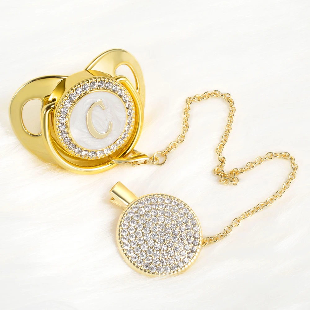 

Gold Pacifiers 24 Initial Letter Gold Pacifier Holder BPA Free Silicone Infant Nipple Gold Bling Newborn Dummy Soother Chupete