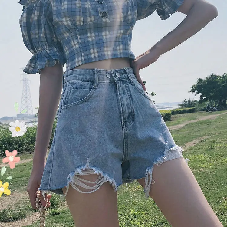 

Holed denim shorts women's summer Korean high waist loose thin A-line pants