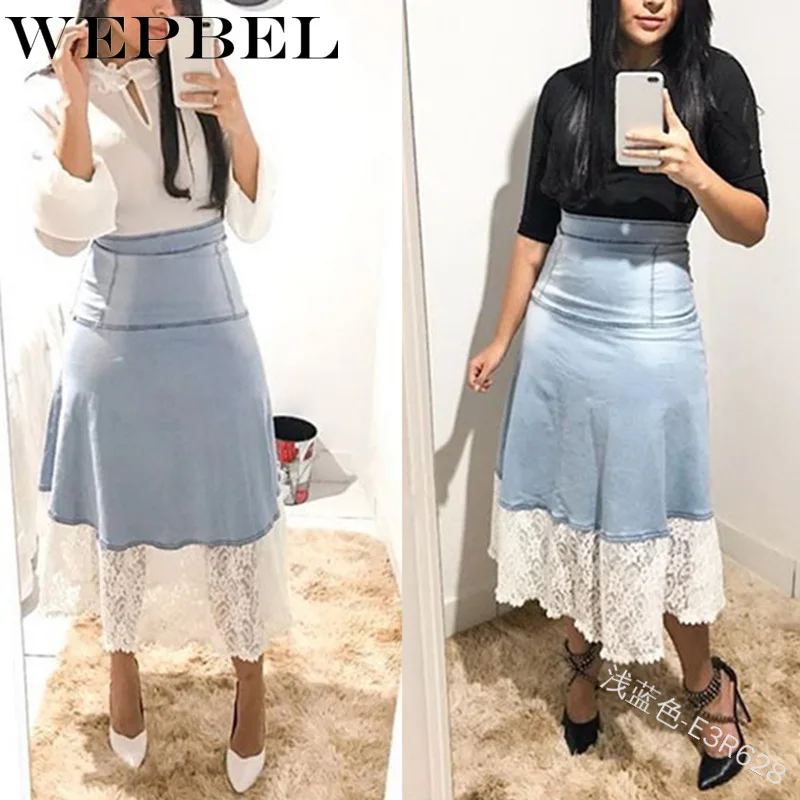 

WEPBEL Women's Elegant Lace Denim Skirt See Through High Waist Hollow-out Patchwork Floral Lace Skirts