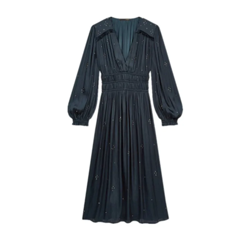 

V-Neck Spring High Waist A-Line Ruffles Party Dress intage Rivet Dark Blue Long Dress 2021 Elegant Office Lady Lantern Sleeve