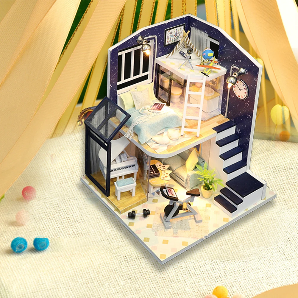 

DIY Hut Hand-Assembled Miniature Model Creative Bright Star Without Cover Small House Birthday Gift Building Sand Table Wooden T