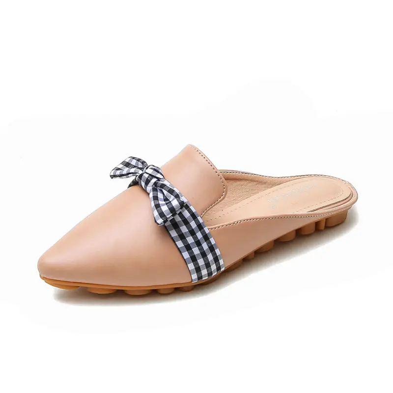 Лоферы на плоской подошве с острым носком Туфли без задника в клетку бантом