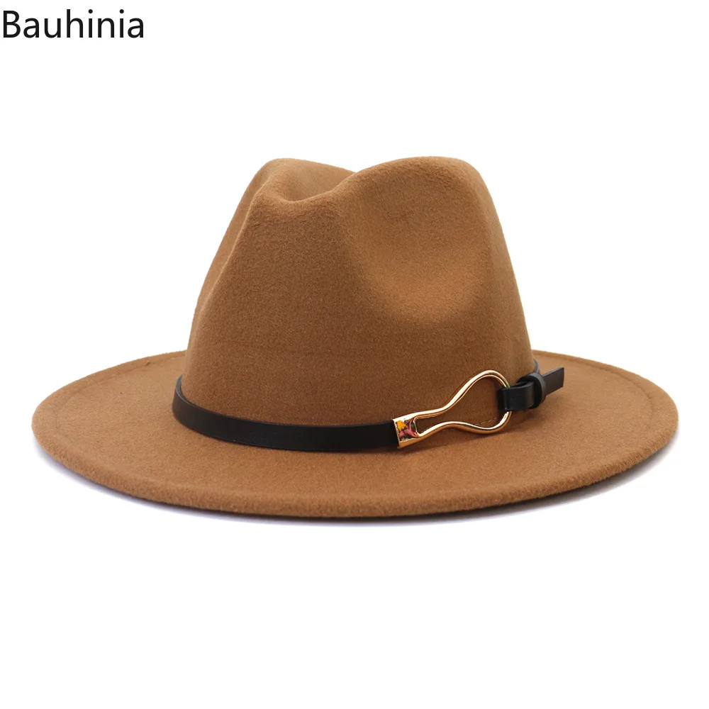 

Bauhinia Solid Fedora Hats For Women Men Winter Warm Felted Jazz Hat Panama Belt Decorate Imitation Woolen Party Trilby Hat