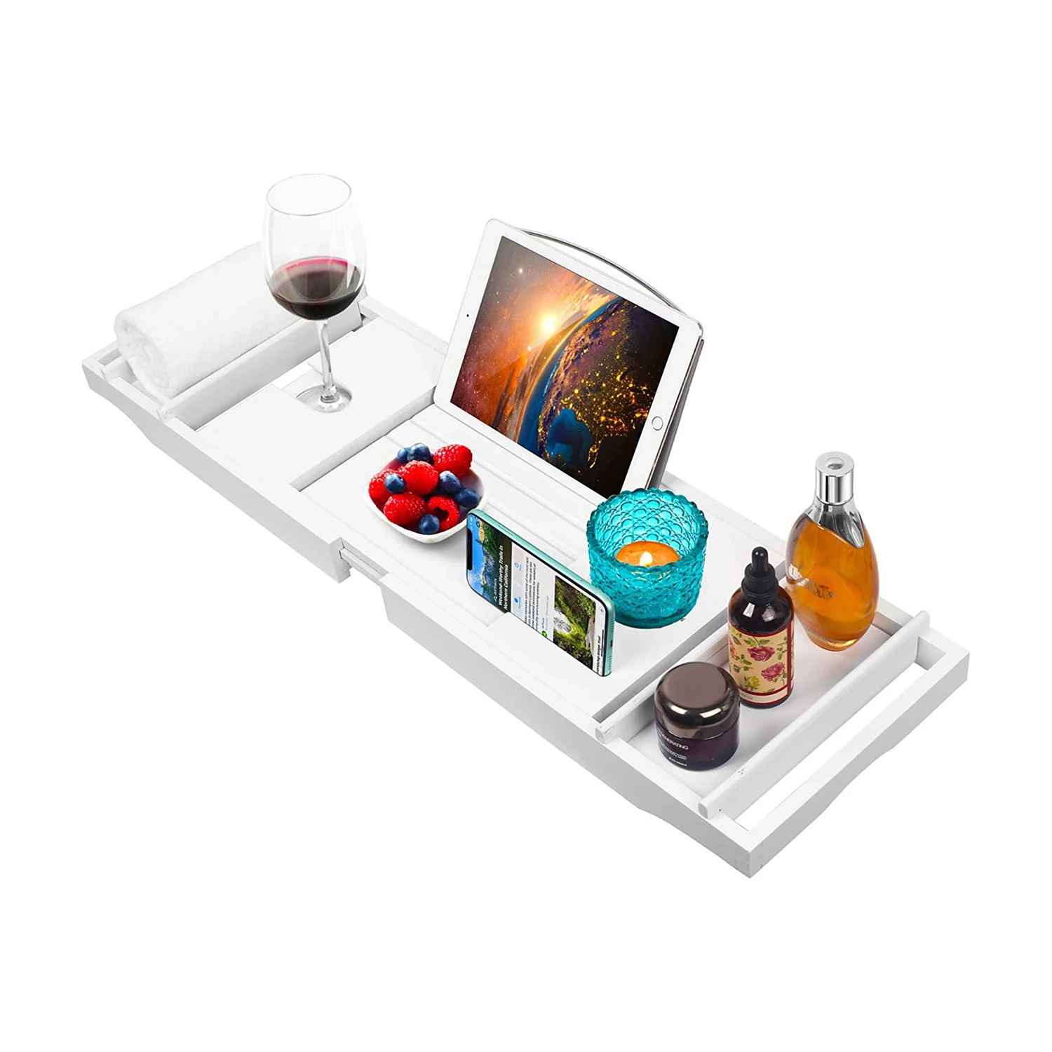 

Extendable Bathtub Trays Bamboo Spa Bathtub Organizer Book Wine Holder Non Slip Bottom Sides Bathroom Storage Shelves Racks