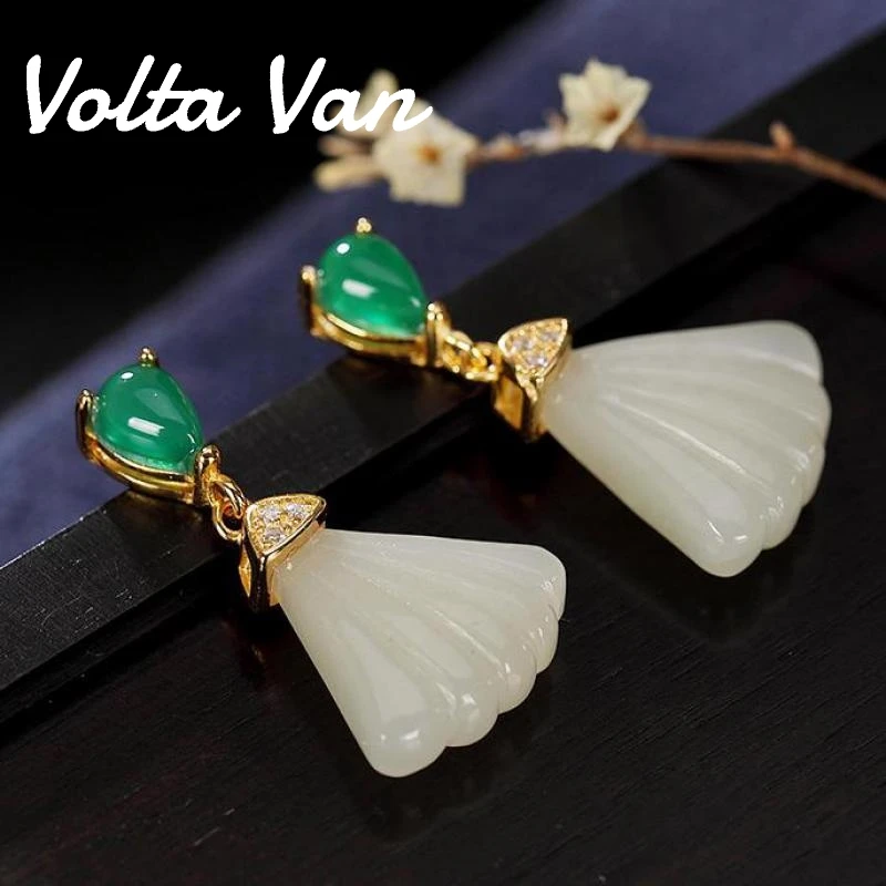 

Volta Van 2022 новые серьги-капли Plata 925 пробы серебряные серьги из натурального нефрита халцедона Винтажные Ювелирные Изделия