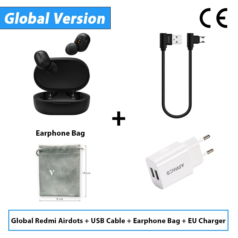 Новинка Xiaomi Redmi Airdots TWS Bluetooth наушники стерео бас Bluetooth 5,0 наушники с микрофоном громкой связи Наушники с управлением AI - Цвет: CE Add BagCablePlug