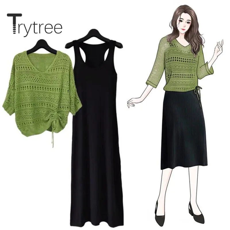 

Trytree 2020 Autumn Winter Women two piece Set V-neck Solid knitting Hollow Out Tops + Dress Black A-line Set 2 Piece Set